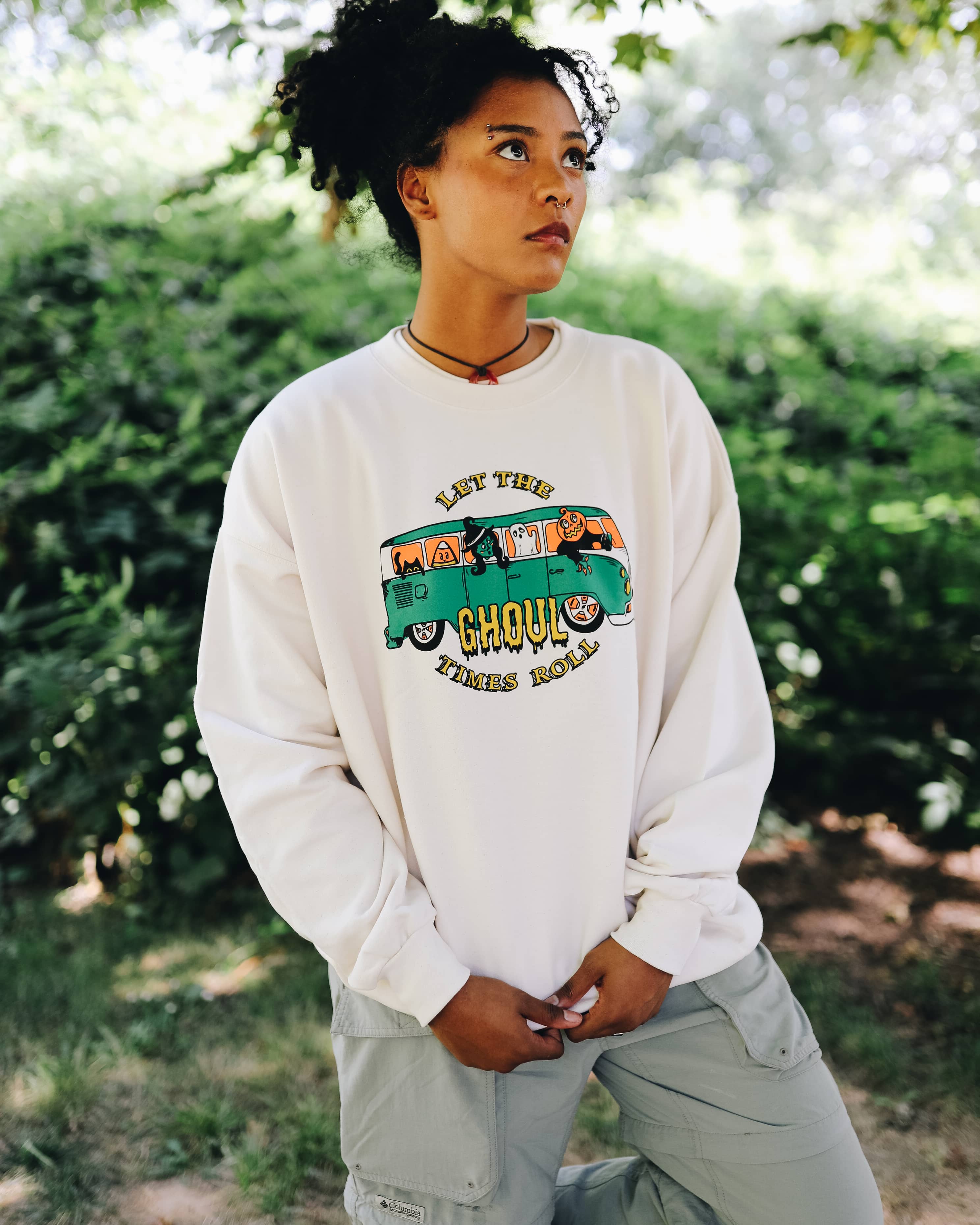 Natural Cream Colored Halloween Crewneck "Let the Ghoul Times Roll"