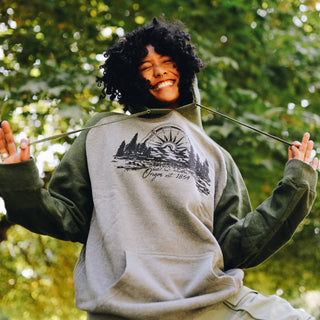 Compass Raglan Hooded Sweatshirt in Gunmetal Heather/ Army Heather